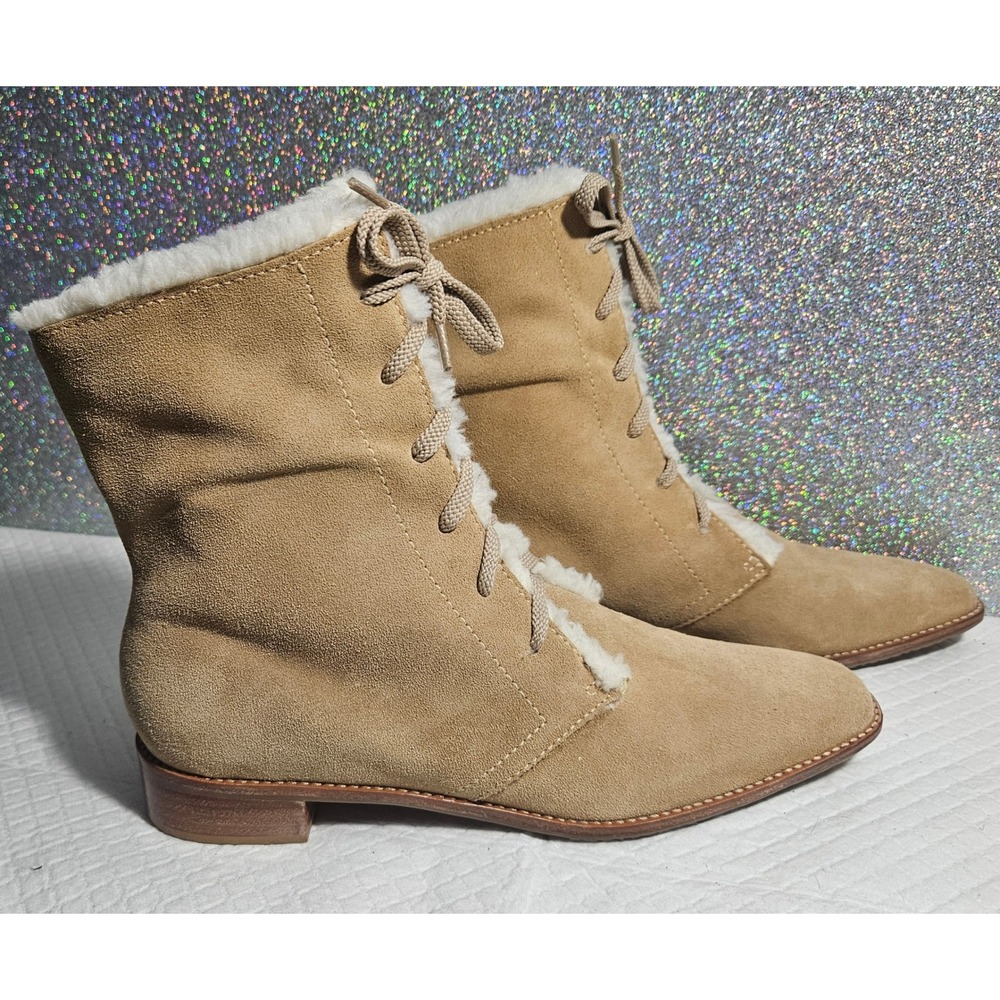 Talbots Women's Tan‎ Suede Lace Up Shearling Lined Ankle Boots Size 8B NWOT - Picture 2 of 6